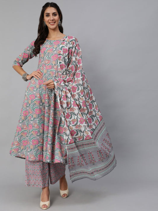 Women Grey Floral Printed Kurta Set With Palazo & Dupatta | LASVINI - Redefining Indian Fashion with Elegance
