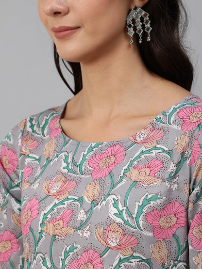 Women Grey Floral Printed Kurta Set With Palazo & Dupatta | LASVINI - Redefining Indian Fashion with Elegance