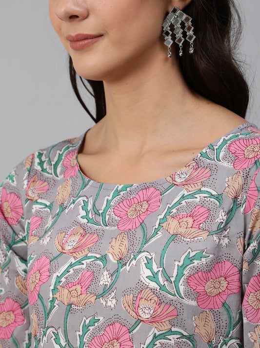 Women Grey Floral Printed Kurta Set With Palazo & Dupatta | LASVINI - Redefining Indian Fashion with Elegance