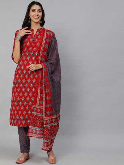 Women Red & Blue Floral Printed Kurta Set With Palazo & Dupatta | LASVINI - Redefining Indian Fashion with Elegance