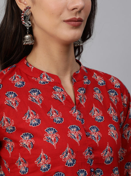 Women Red & Blue Floral Printed Kurta Set With Palazo & Dupatta | LASVINI - Redefining Indian Fashion with Elegance