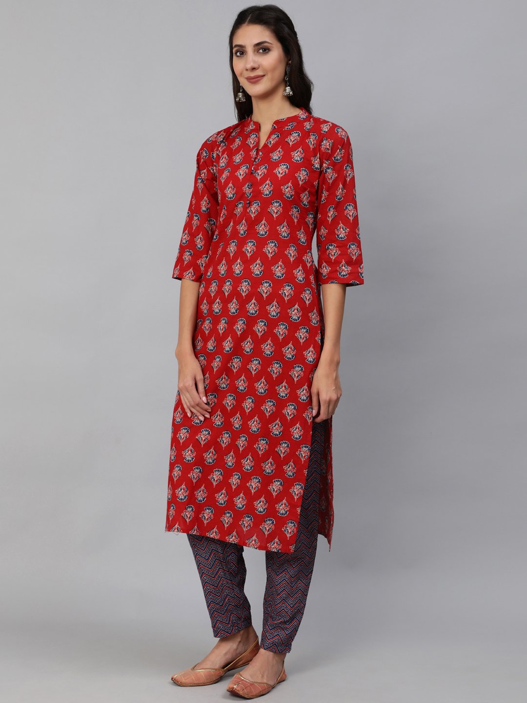 Women Red & Blue Floral Printed Kurta Set With Palazo & Dupatta | LASVINI - Redefining Indian Fashion with Elegance