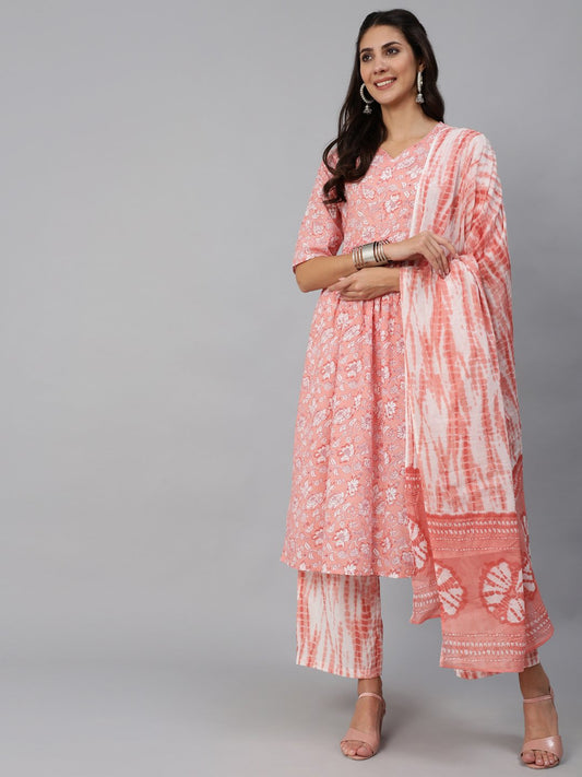 Women Pink Floral Printed Kurta Set With Palazo & Dupatta | LASVINI - Redefining Indian Fashion with Elegance