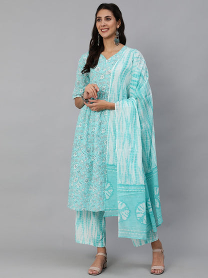 Women Blue Floral Printed Kurta Set With Palazo & Dupatta | LASVINI - Redefining Indian Fashion with Elegance