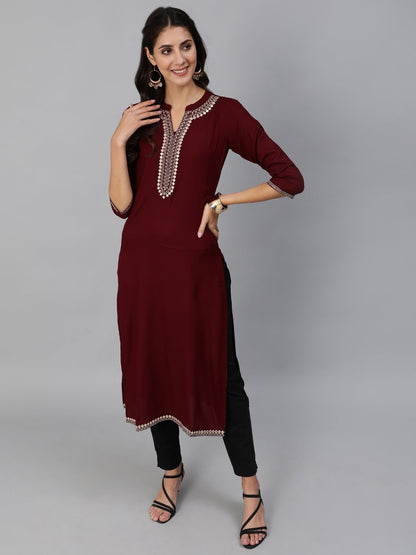 Women Burgundy Embroidered Straight Kurta With Three Quarter Sleeves | LASVINI - Redefining Indian Fashion with Elegance