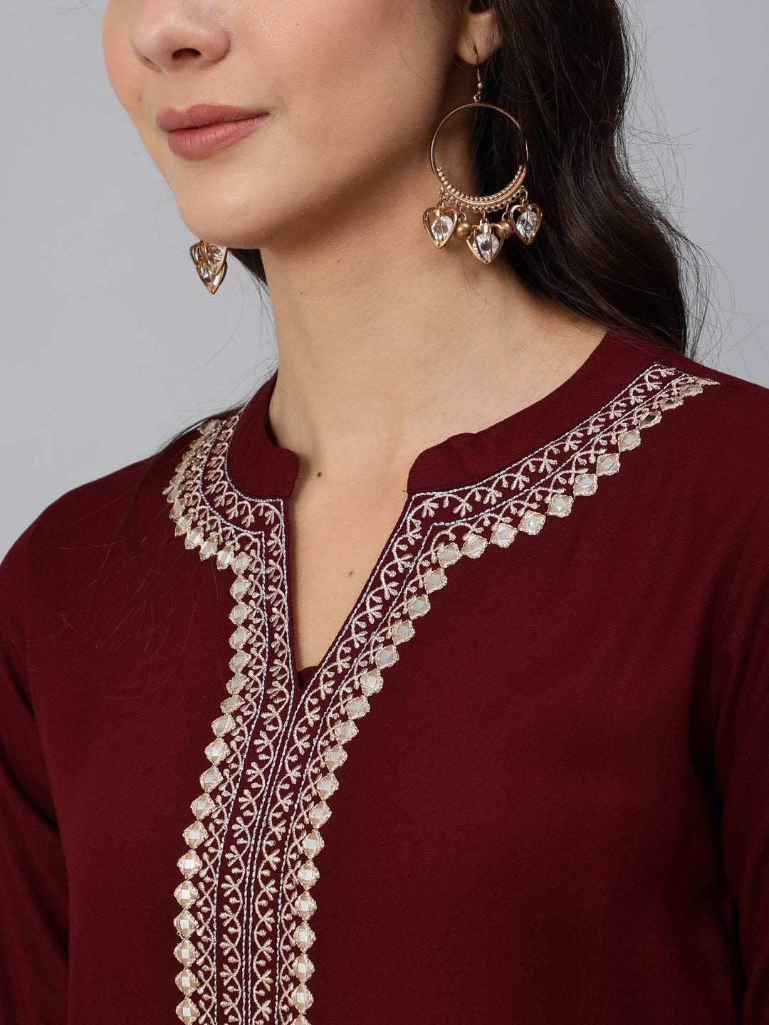Women Burgundy Embroidered Straight Kurta With Three Quarter Sleeves | LASVINI - Redefining Indian Fashion with Elegance
