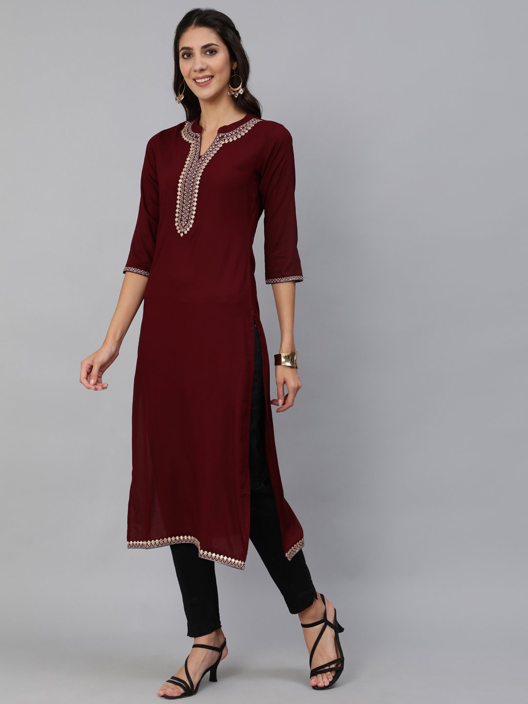 Women Burgundy Embroidered Straight Kurta With Three Quarter Sleeves | LASVINI - Redefining Indian Fashion with Elegance