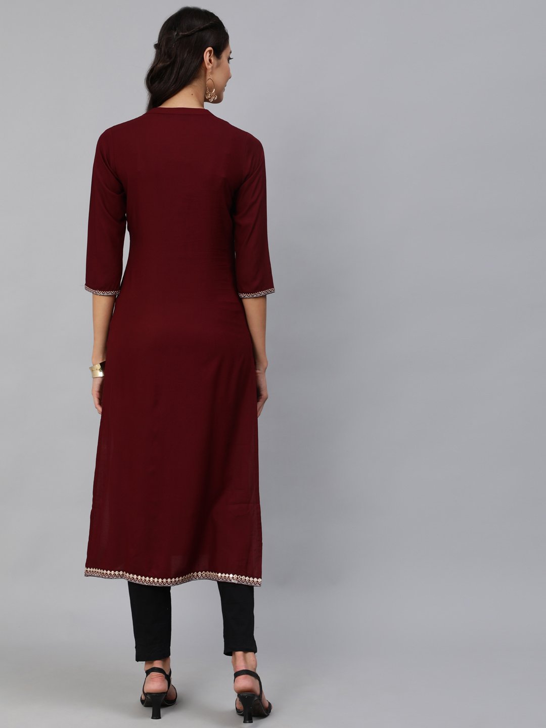 Women Burgundy Embroidered Straight Kurta With Three Quarter Sleeves | LASVINI - Redefining Indian Fashion with Elegance