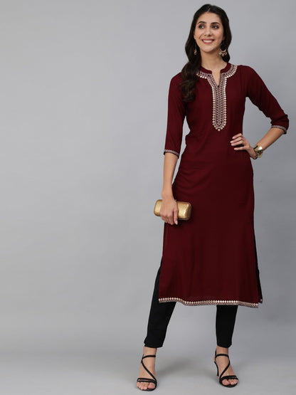 Women Burgundy Embroidered Straight Kurta With Three Quarter Sleeves | LASVINI - Redefining Indian Fashion with Elegance