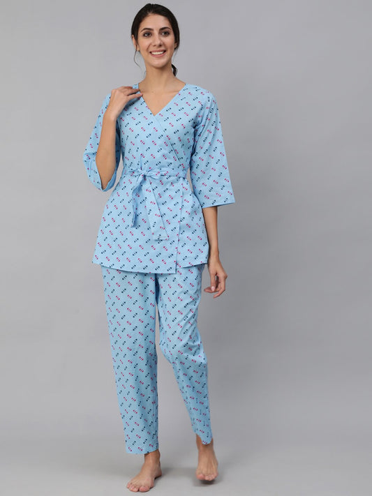Women Blue Printed Wrap Around Night Suit Set | LASVINI - Redefining Indian Fashion with Elegance