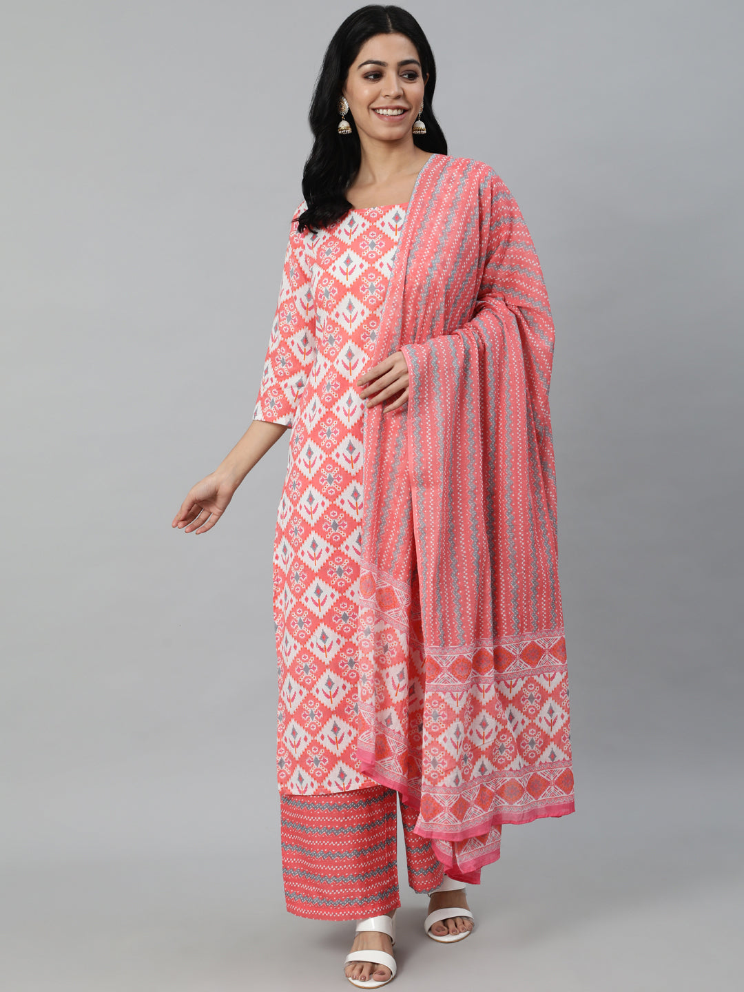 Women Pink Printed Straight Kurta With Plazo & Dupatta | LASVINI - Redefining Indian Fashion with Elegance