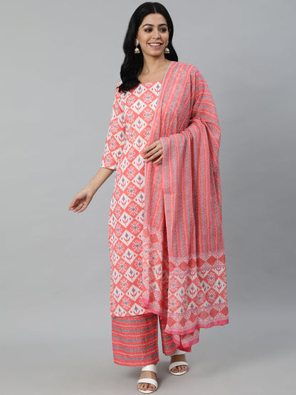 Women Pink Printed Straight Kurta With Plazo & Dupatta | LASVINI - Redefining Indian Fashion with Elegance