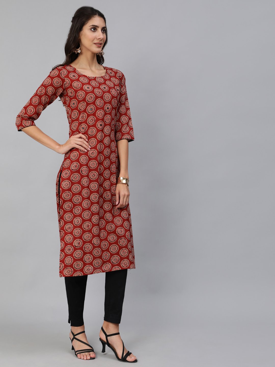 Women Maroon Embroidered Straight Kurta With Three Quarter Sleeves | LASVINI - Redefining Indian Fashion with Elegance