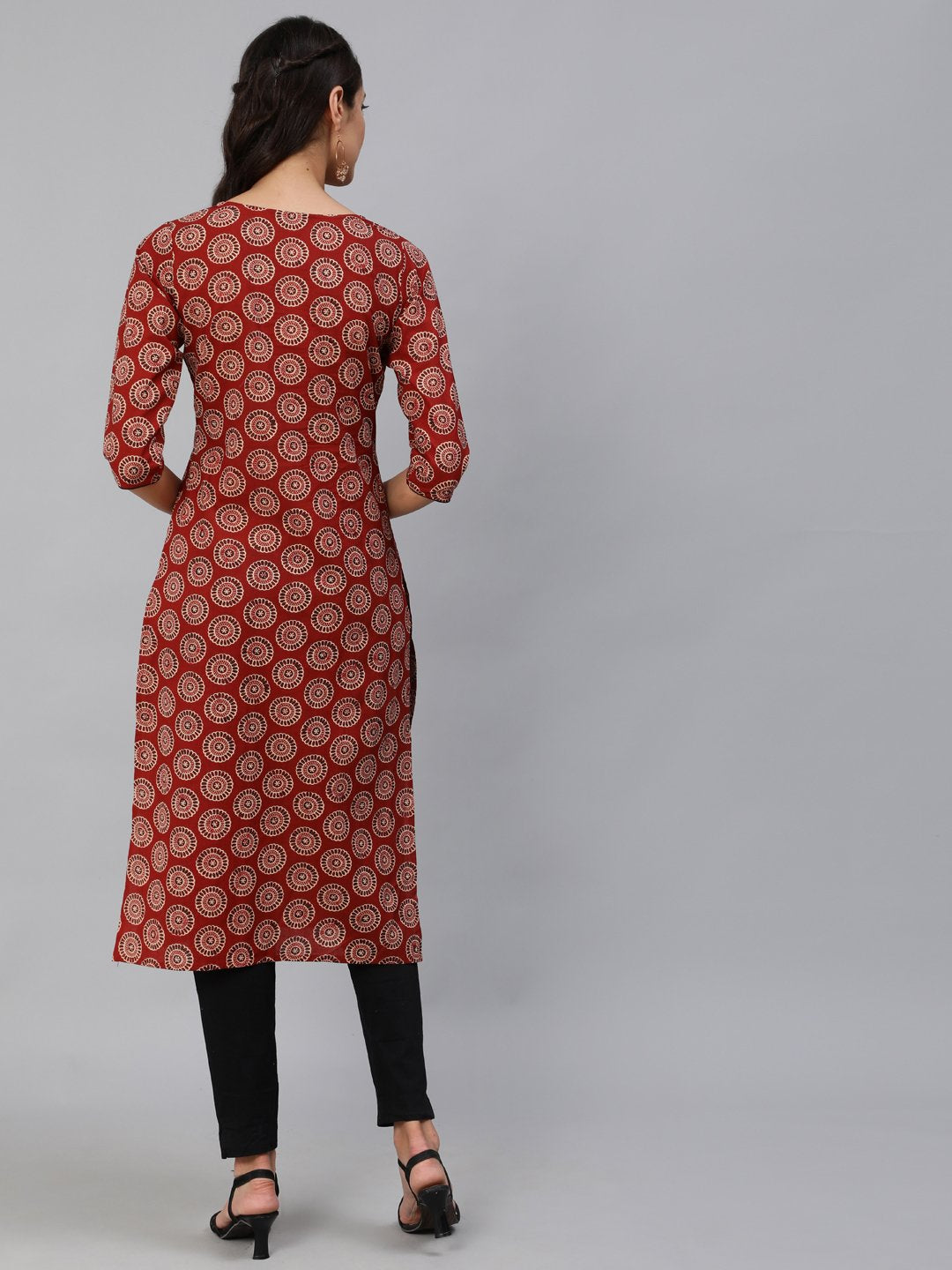 Women Maroon Embroidered Straight Kurta With Three Quarter Sleeves | LASVINI - Redefining Indian Fashion with Elegance