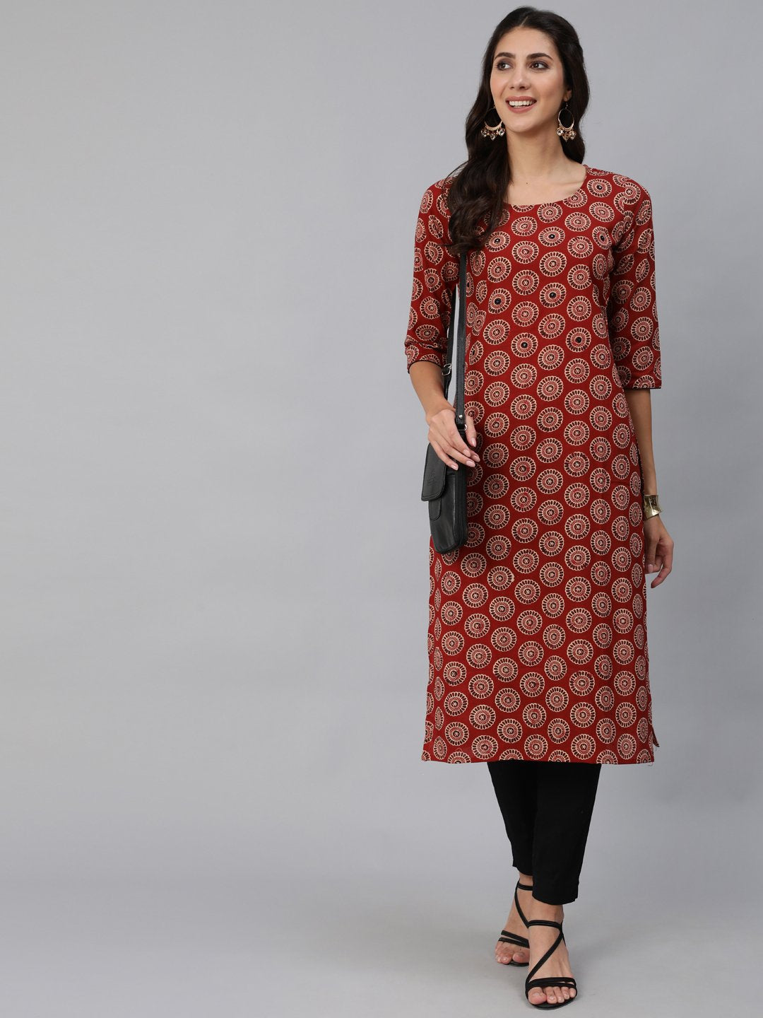 Women Maroon Embroidered Straight Kurta With Three Quarter Sleeves | LASVINI - Redefining Indian Fashion with Elegance