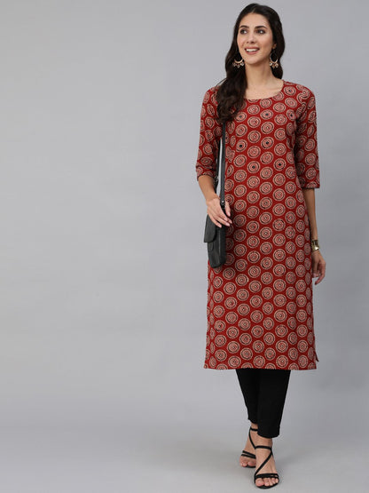 Women Maroon Embroidered Straight Kurta With Three Quarter Sleeves | LASVINI - Redefining Indian Fashion with Elegance