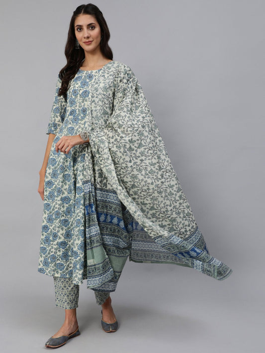 Women Blue & Cream Floral Printed Kurta Set With Trouser & Dupatta | LASVINI - Redefining Indian Fashion with Elegance