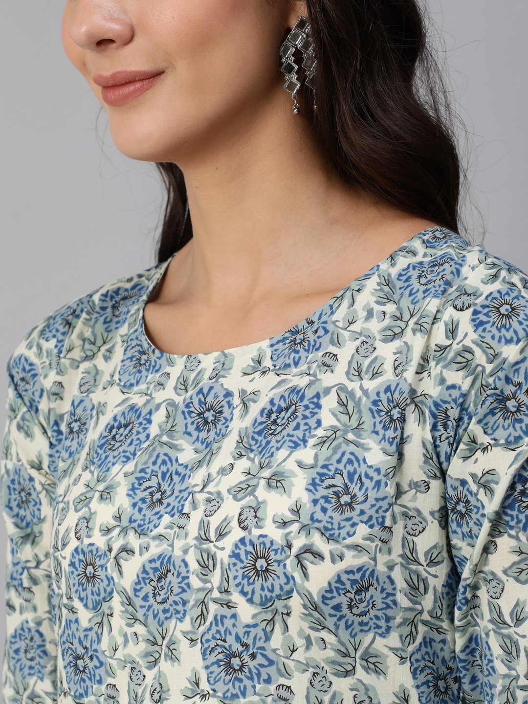 Women Blue & Cream Floral Printed Kurta Set With Trouser & Dupatta | LASVINI - Redefining Indian Fashion with Elegance