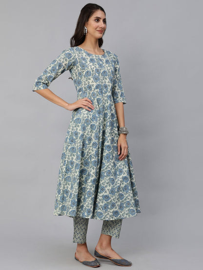 Women Blue & Cream Floral Printed Kurta Set With Trouser & Dupatta | LASVINI - Redefining Indian Fashion with Elegance