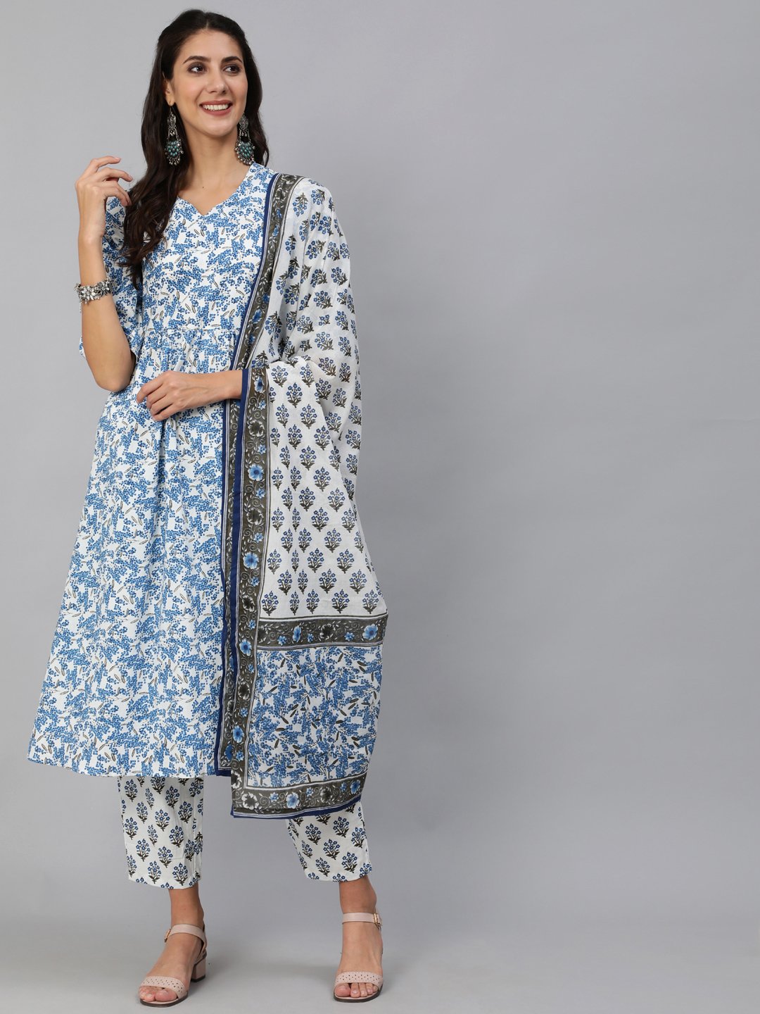 Women Blue & White Floral Printed Kurta Set With Trouser & Dupatta | LASVINI - Redefining Indian Fashion with Elegance
