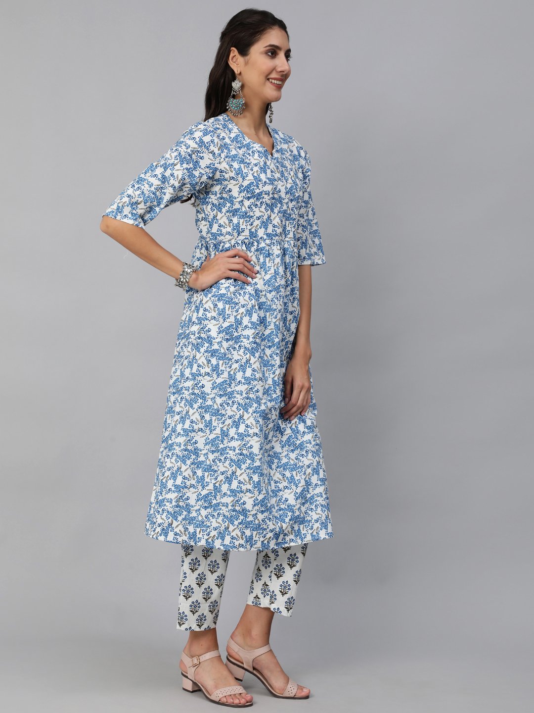 Women Blue & White Floral Printed Kurta Set With Trouser & Dupatta | LASVINI - Redefining Indian Fashion with Elegance