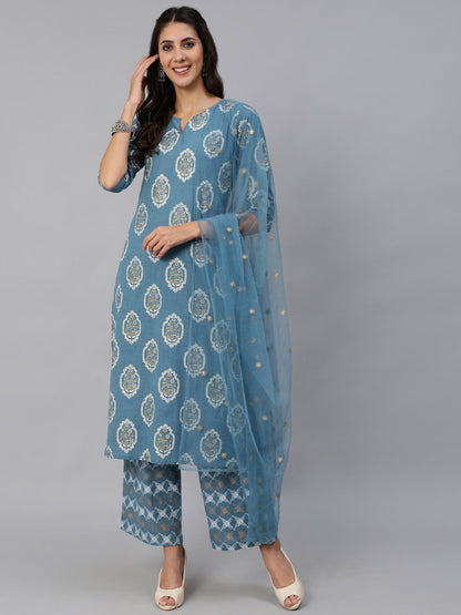 Women Blue & Gold  Printed Kurta Set With Plazo & Dupatta | LASVINI - Redefining Indian Fashion with Elegance