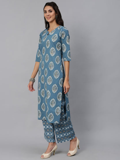 Women Blue & Gold  Printed Kurta Set With Plazo & Dupatta | LASVINI - Redefining Indian Fashion with Elegance