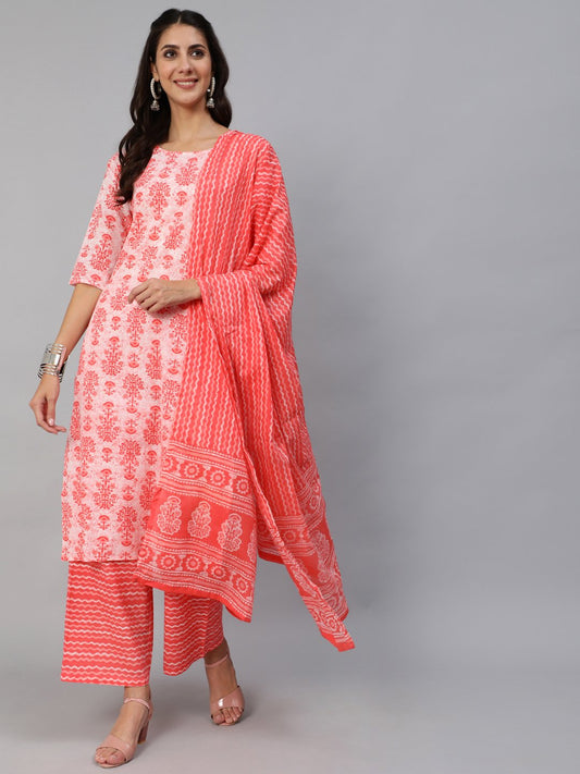 Women Pink Printed Kurta Set With Plazo & Dupatta | LASVINI - Redefining Indian Fashion with Elegance