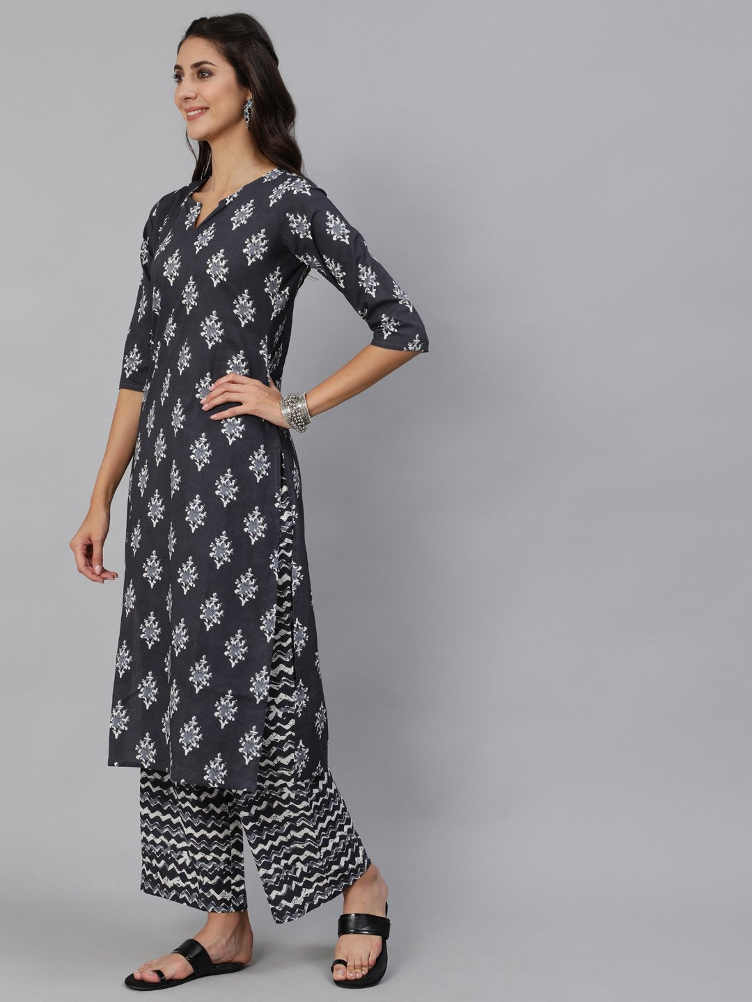 Women Grey Printed Kurta Set With Plazo & Dupatta | LASVINI - Redefining Indian Fashion with Elegance