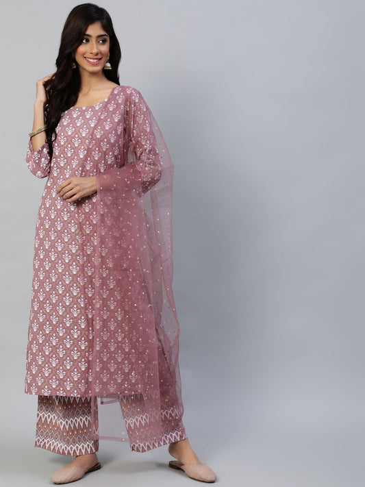 Women Pink Straight Kurta With Plazo & Sequened Dupatta | LASVINI - Redefining Indian Fashion with Elegance