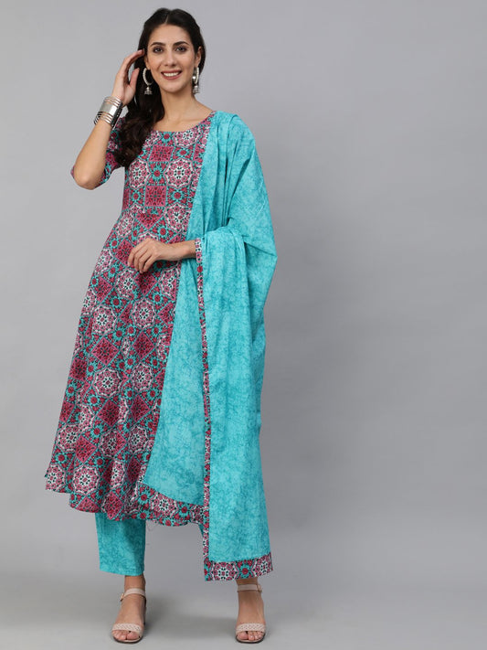 Women Pink & Blue Printed Kurta Set With Plazo & Dupatta | LASVINI - Redefining Indian Fashion with Elegance