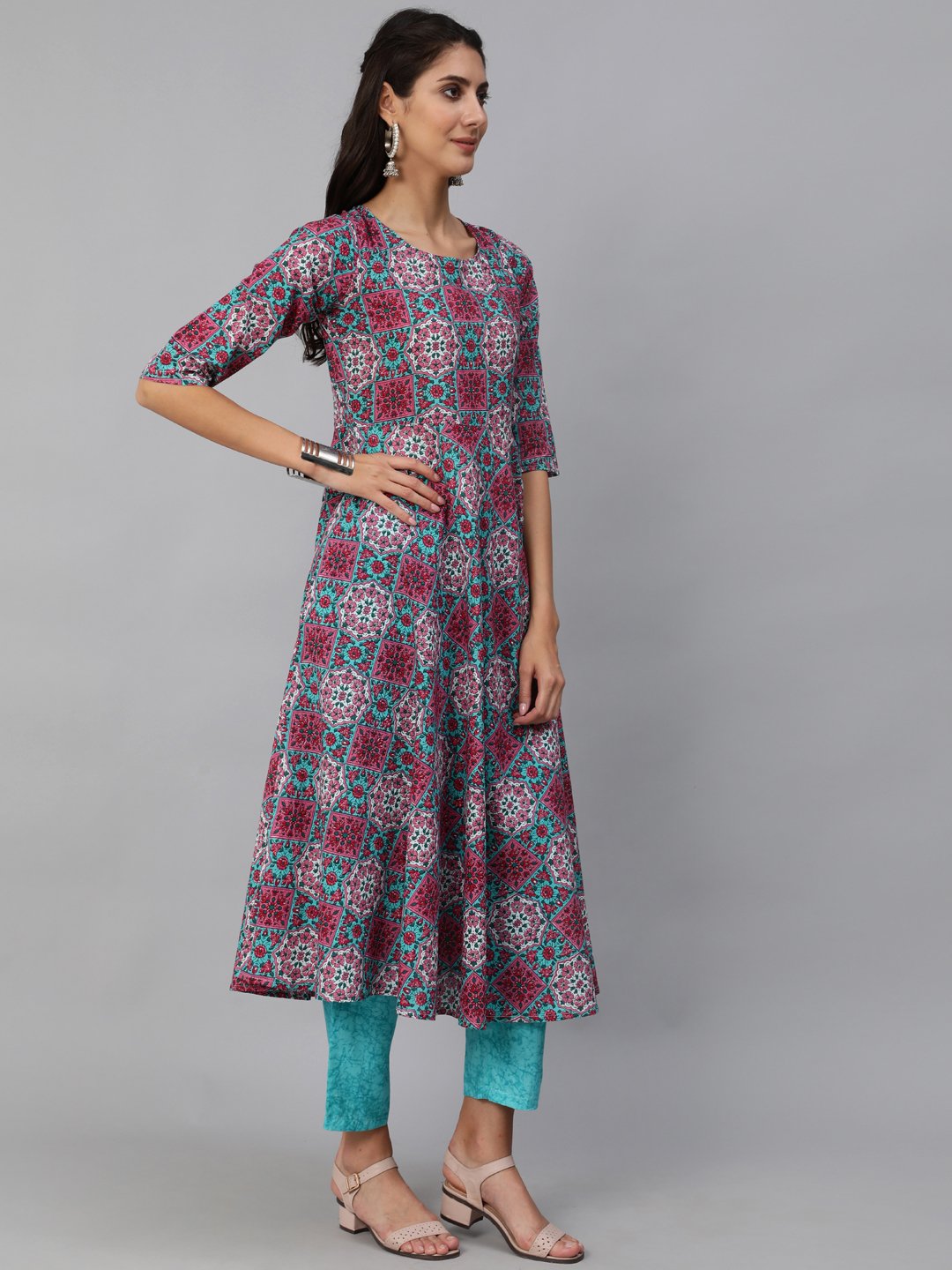 Women Pink & Blue Printed Kurta Set With Plazo & Dupatta | LASVINI - Redefining Indian Fashion with Elegance