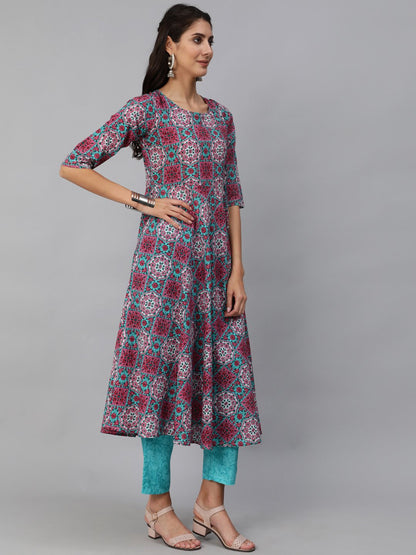 Women Pink & Blue Printed Kurta Set With Plazo & Dupatta | LASVINI - Redefining Indian Fashion with Elegance