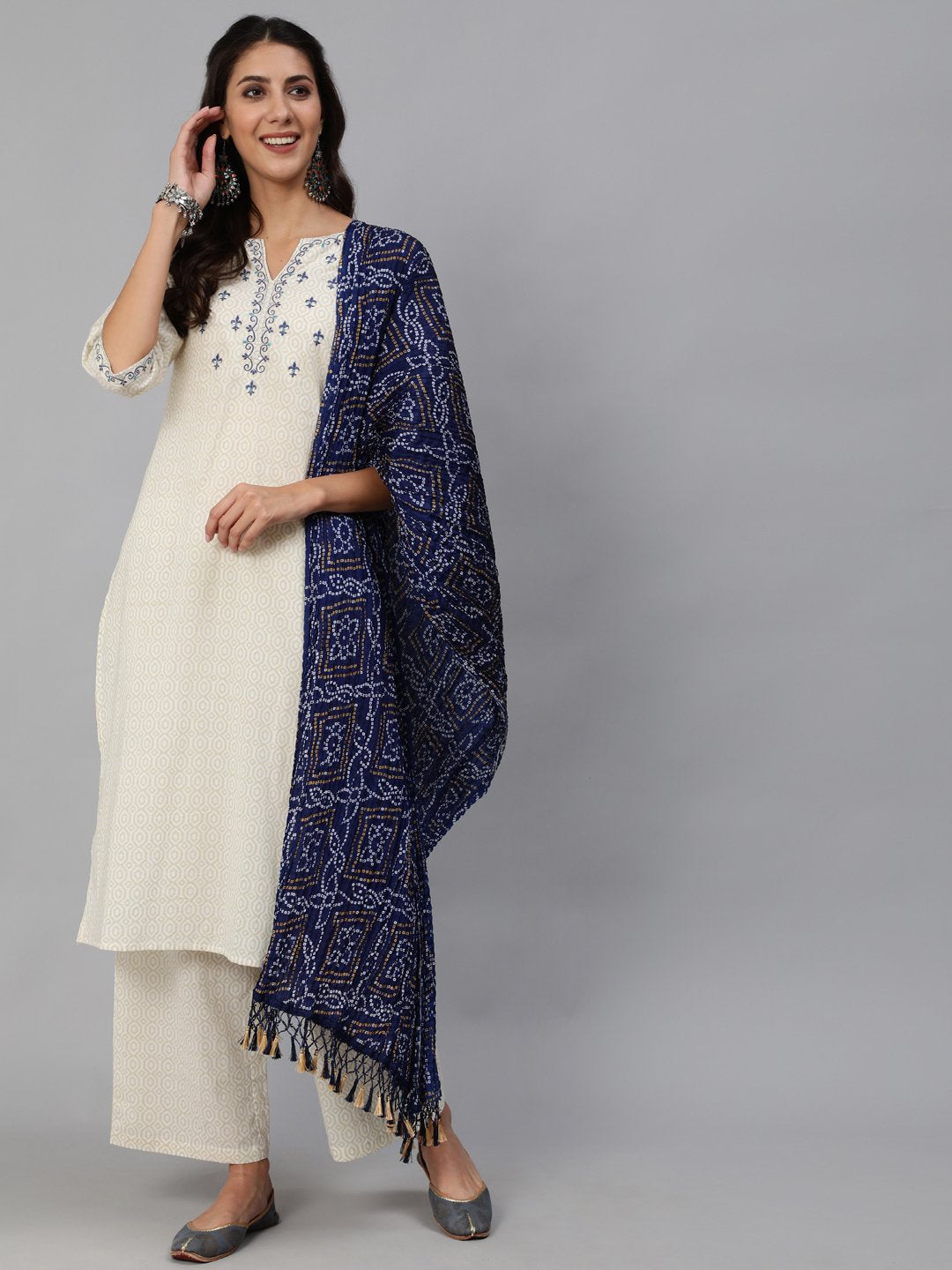 Women Cream & Blue Embroidered Straight Kurta Set With Plazo & Wrinkled Dupatta | LASVINI - Redefining Indian Fashion with Elegance