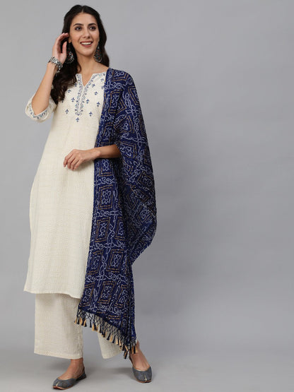 Women Cream & Blue Embroidered Straight Kurta Set With Plazo & Wrinkled Dupatta | LASVINI - Redefining Indian Fashion with Elegance