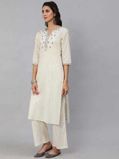 Women Cream & Blue Embroidered Straight Kurta Set With Plazo & Wrinkled Dupatta | LASVINI - Redefining Indian Fashion with Elegance