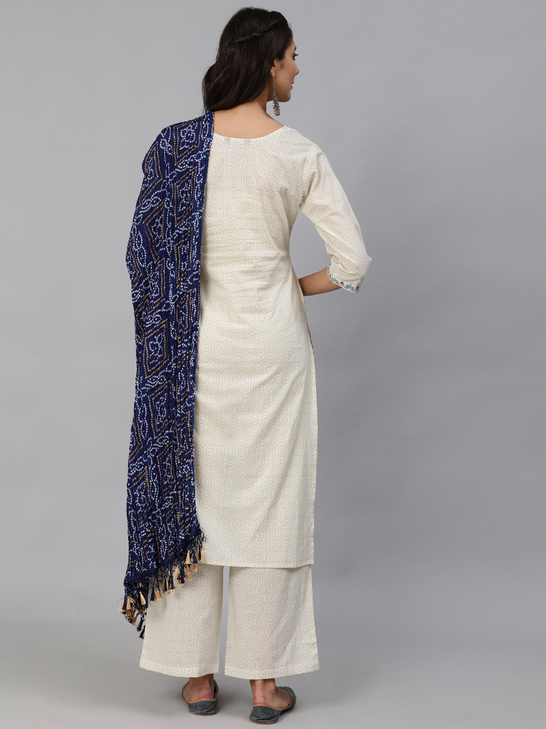 Women Cream & Blue Embroidered Straight Kurta Set With Plazo & Wrinkled Dupatta | LASVINI - Redefining Indian Fashion with Elegance
