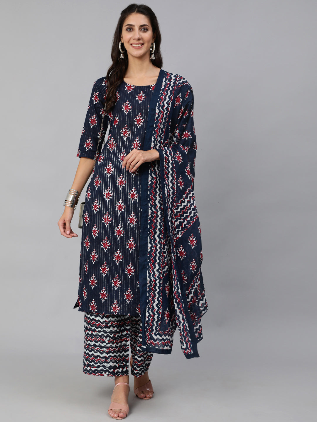 Women Blue Ethnic Striped Printed Straight Kurta With Three Quarter Sleeves | LASVINI - Redefining Indian Fashion with Elegance