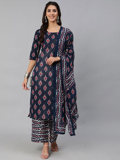 Women Blue Ethnic Striped Printed Straight Kurta With Three Quarter Sleeves | LASVINI - Redefining Indian Fashion with Elegance