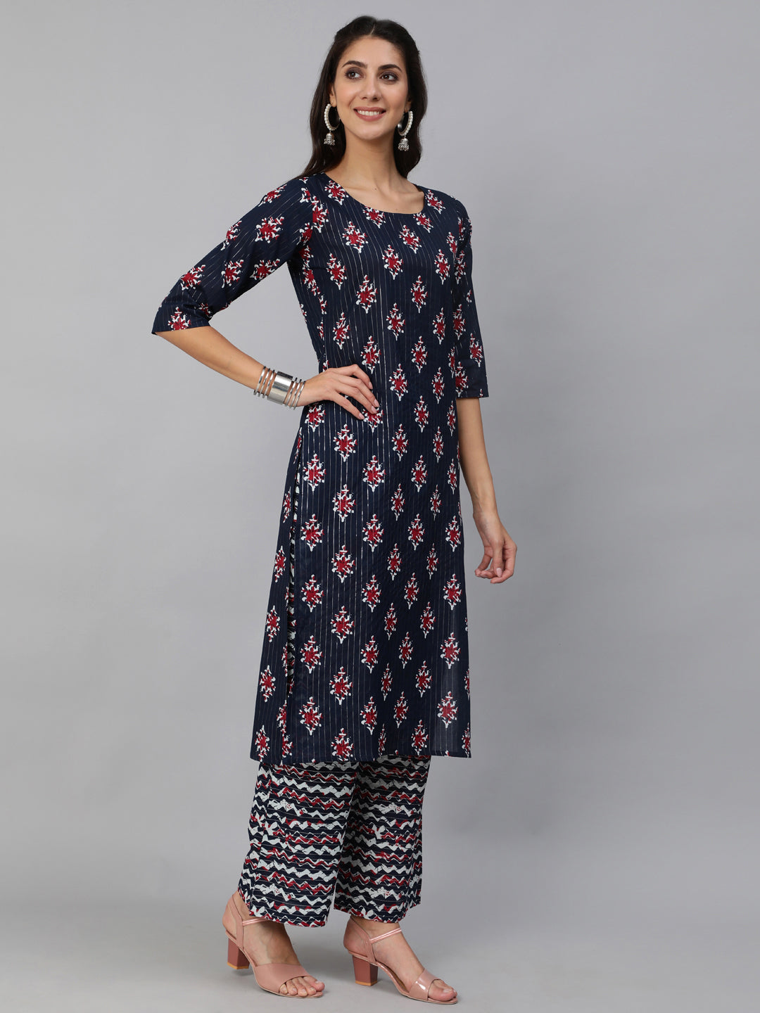 Women Blue Ethnic Striped Printed Straight Kurta With Three Quarter Sleeves | LASVINI - Redefining Indian Fashion with Elegance