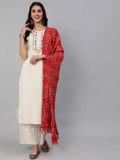 Women Cream & Red Embroidered Straight Kurta Set With Plazo & Wrinkled Dupatta | LASVINI - Redefining Indian Fashion with Elegance