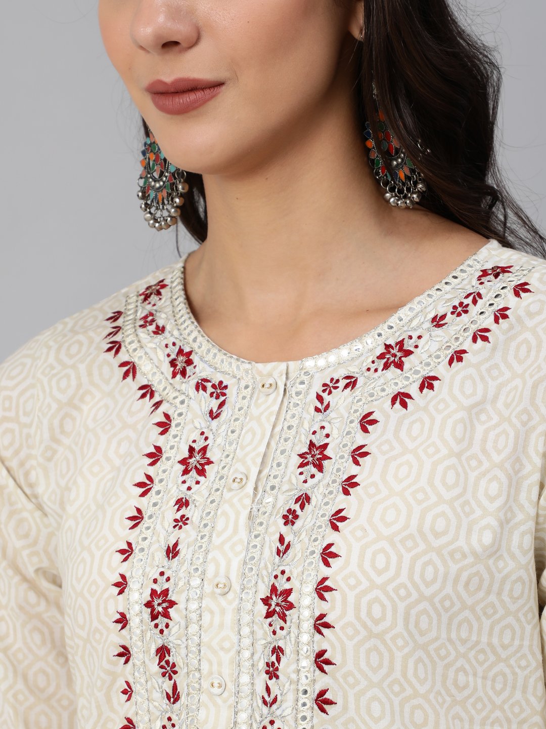 Women Cream & Red Embroidered Straight Kurta Set With Plazo & Wrinkled Dupatta | LASVINI - Redefining Indian Fashion with Elegance