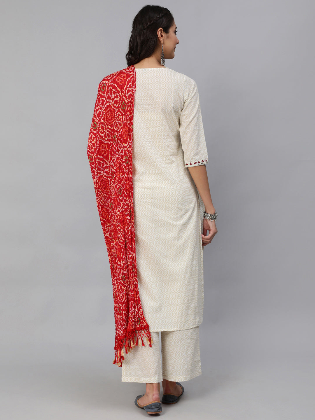 Women Cream & Red Embroidered Straight Kurta Set With Plazo & Wrinkled Dupatta | LASVINI - Redefining Indian Fashion with Elegance