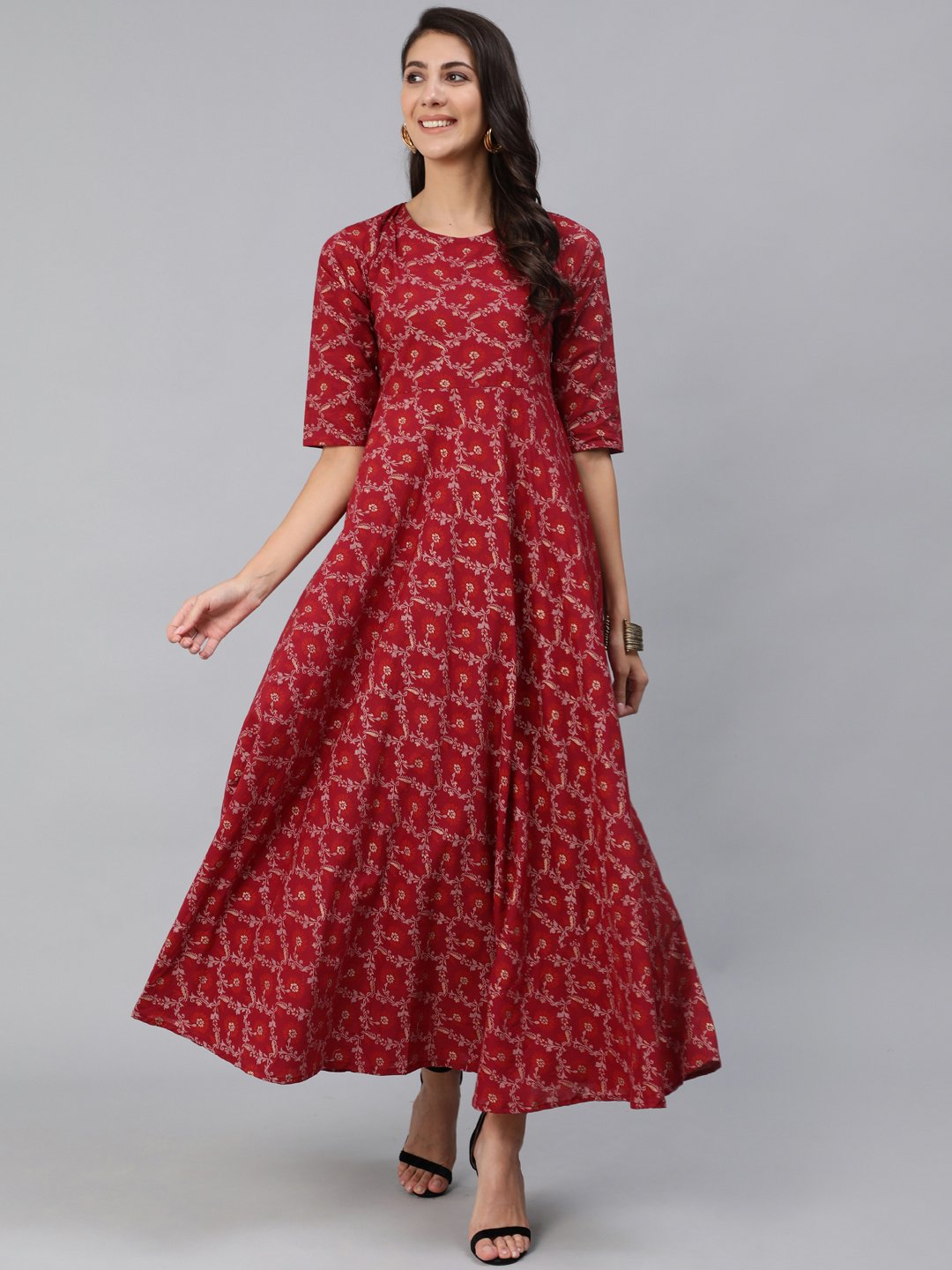 Women Burgundy & Gold Printed Maxi Dress With Three Quarter Sleeves | LASVINI - Redefining Indian Fashion with Elegance