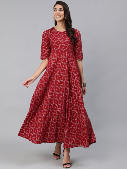 Women Burgundy & Gold Printed Maxi Dress With Three Quarter Sleeves | LASVINI - Redefining Indian Fashion with Elegance