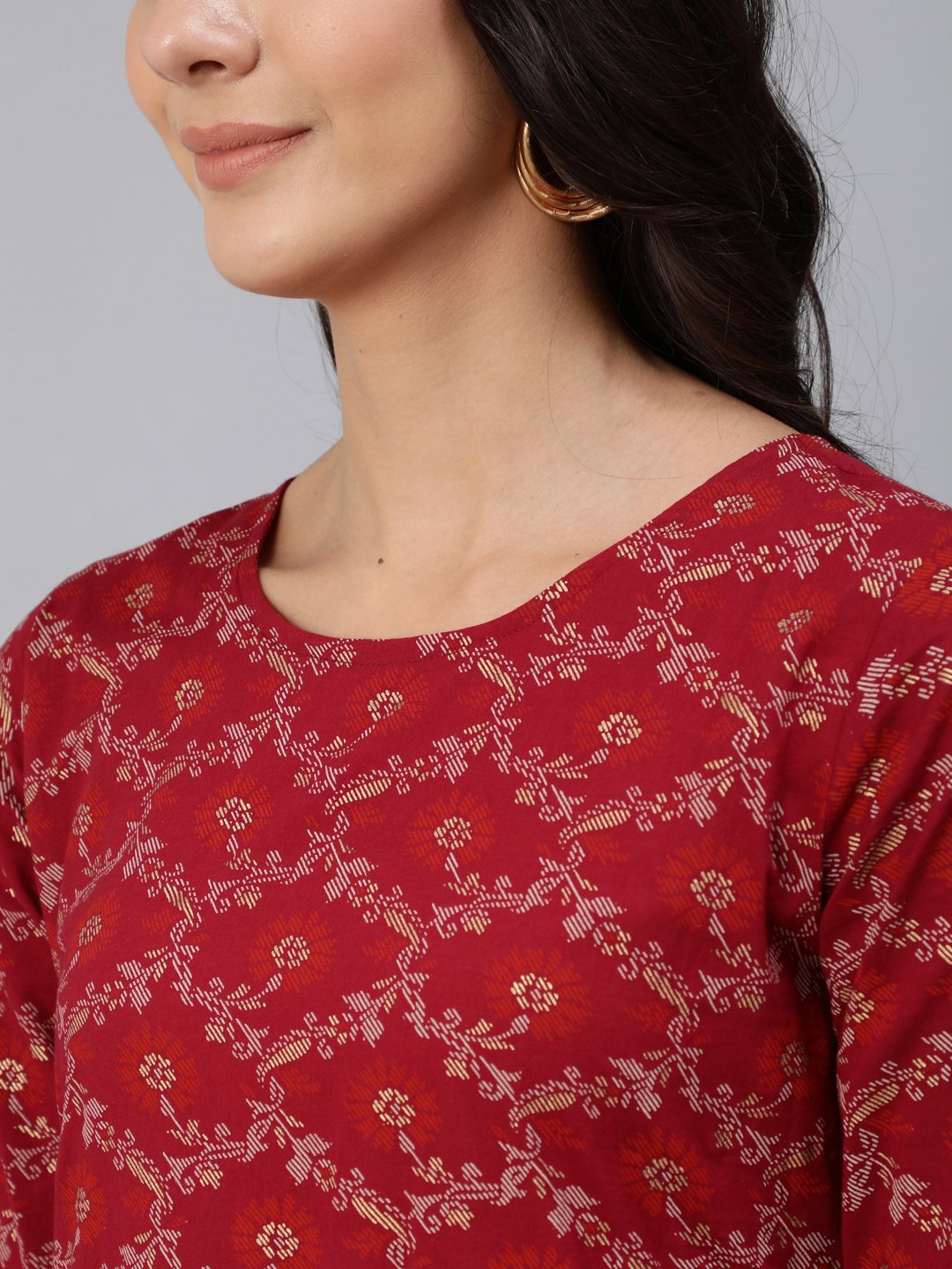 Women Burgundy & Gold Printed Maxi Dress With Three Quarter Sleeves | LASVINI - Redefining Indian Fashion with Elegance