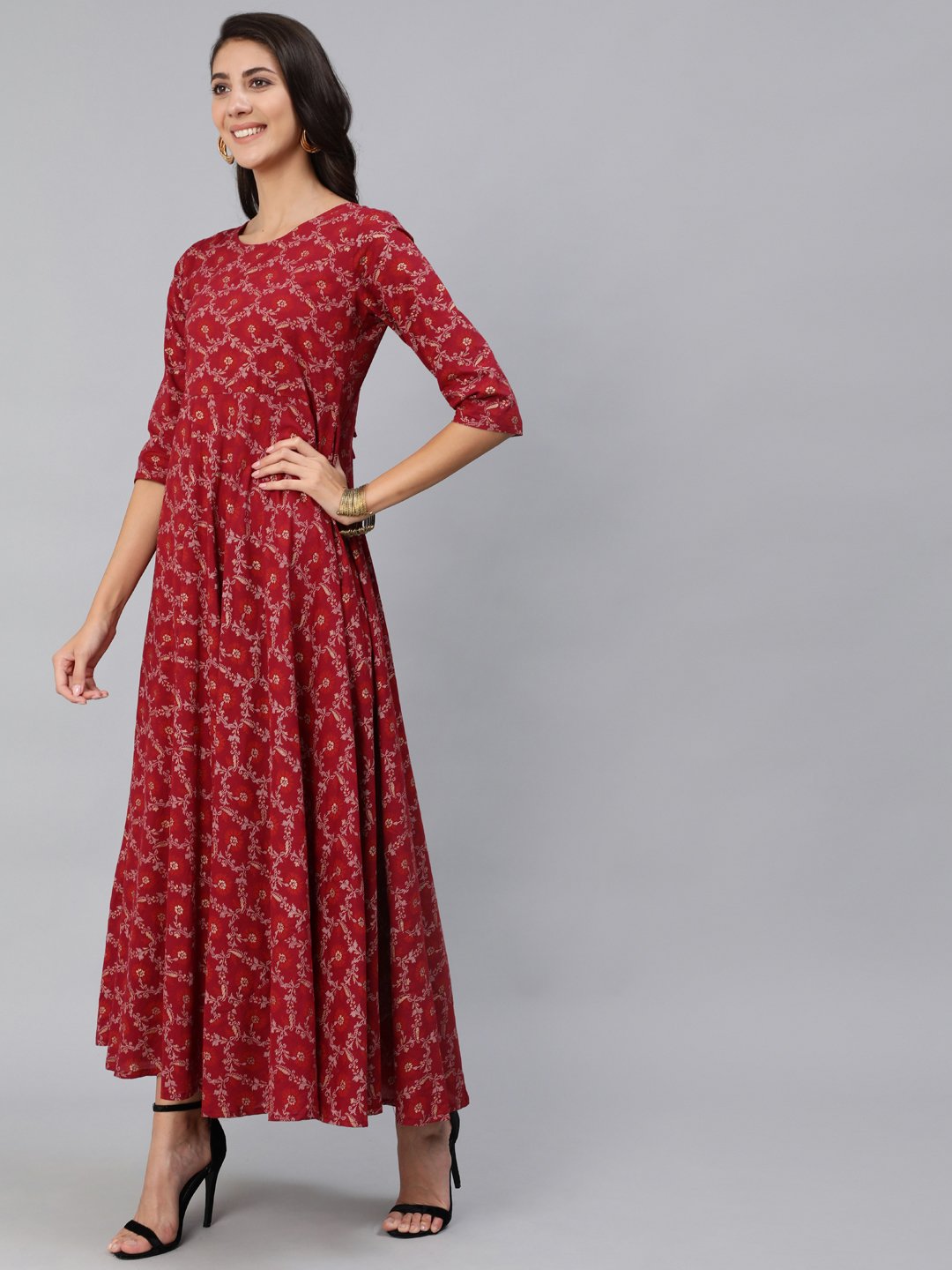 Women Burgundy & Gold Printed Maxi Dress With Three Quarter Sleeves | LASVINI - Redefining Indian Fashion with Elegance