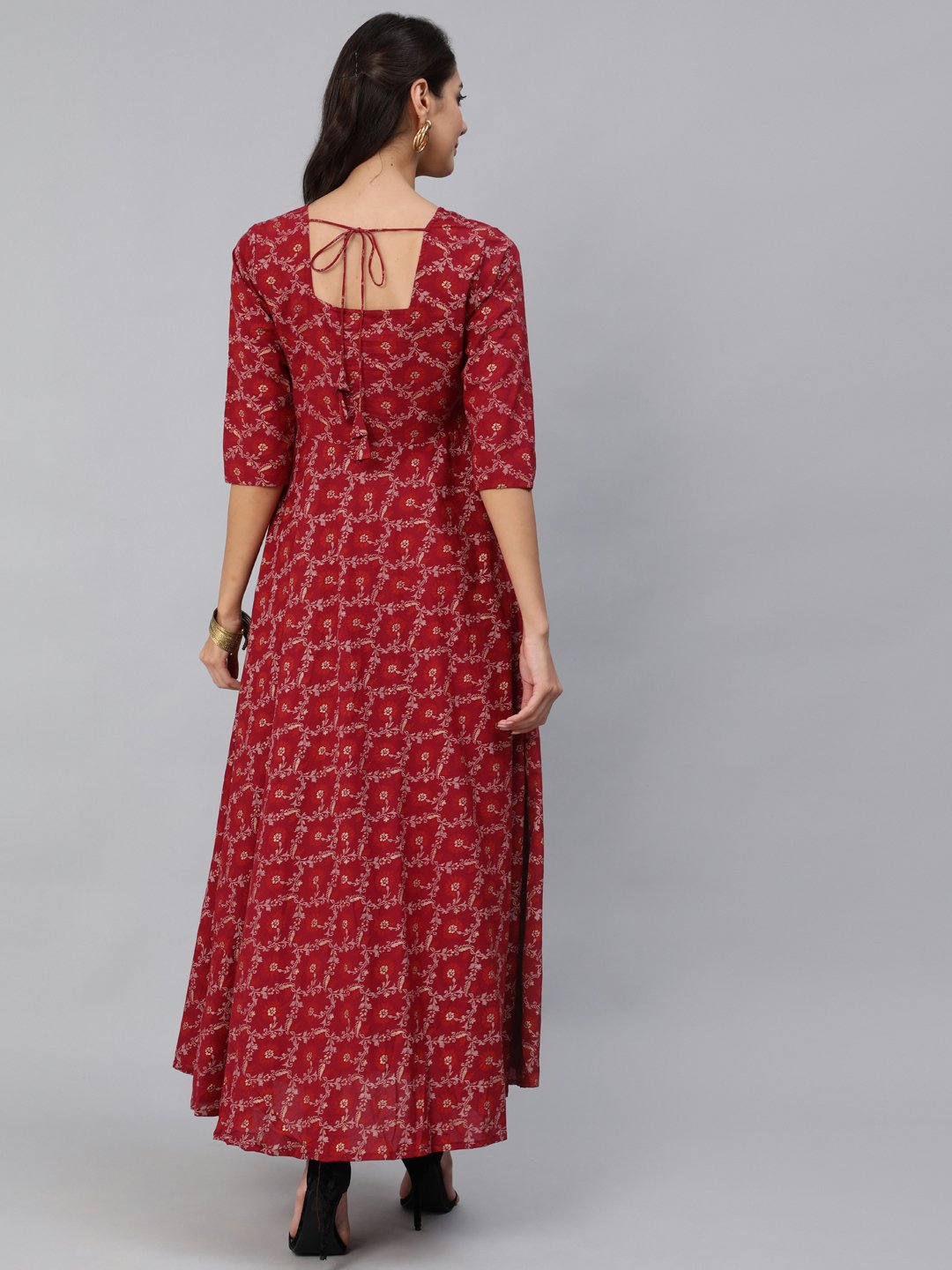 Women Burgundy & Gold Printed Maxi Dress With Three Quarter Sleeves | LASVINI - Redefining Indian Fashion with Elegance