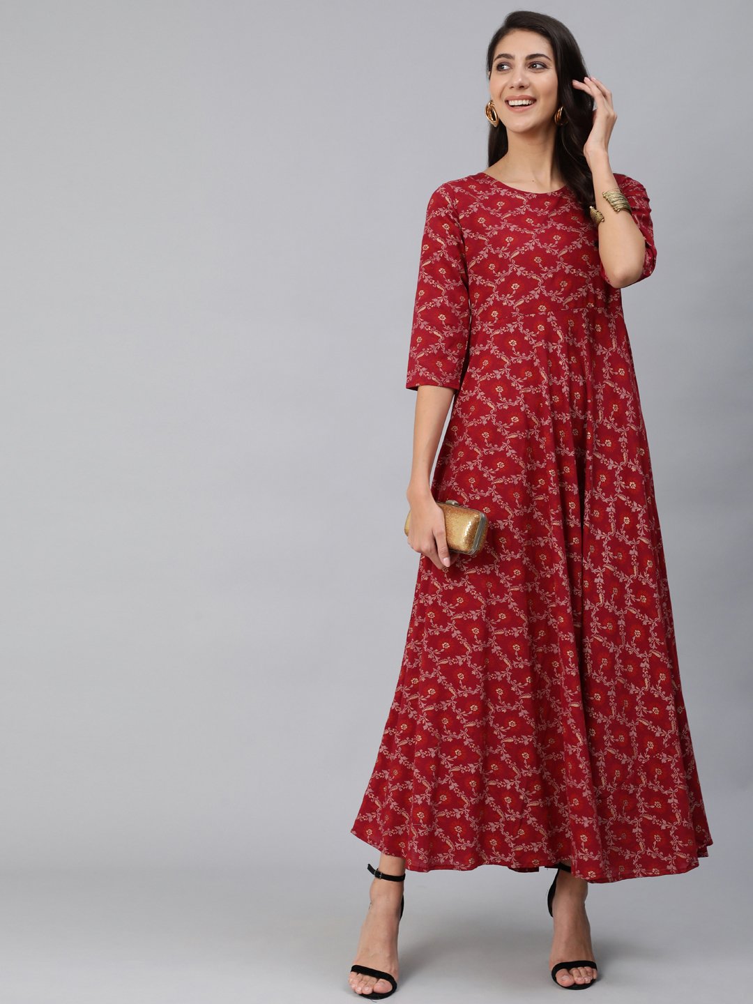 Women Burgundy & Gold Printed Maxi Dress With Three Quarter Sleeves | LASVINI - Redefining Indian Fashion with Elegance