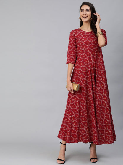Women Burgundy & Gold Printed Maxi Dress With Three Quarter Sleeves | LASVINI - Redefining Indian Fashion with Elegance